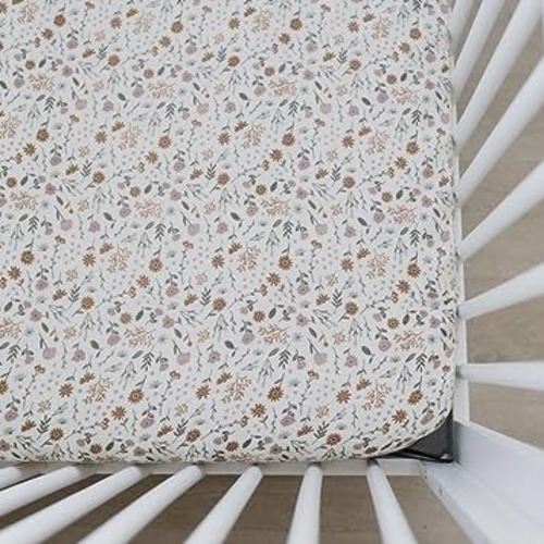 Meadow Floral Muslin Crib Sheet by Mebie Baby, Soft and Breathable Bed Sheets for Babies, Modern Neutral Bedding for Cribs, Standard Crib Mattress Fitted Sheet, Great for Boy or Girl Room or Nursery
