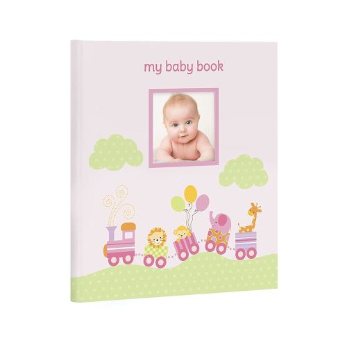 Lil' Peach Safari Train Baby Memory Book Photo Journal, Baby’s First Year Babybook Keepsake, Gender-Neutral Gift, Pink