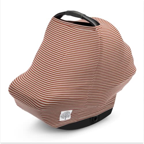 Parker Baby 4 in 1 Car Seat Cover for Girls and Boys - Stretchy Carseat Canopy, Nursing Cover, Grocery Cart Cover, High Chair Cover - “Clay/Alpaca Stripes”