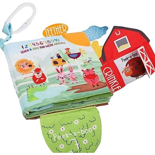 Touch and Feel Cloth Crinkle Books for Babies Infant, Baby Books Toys 0-3-6-12-18 Months, Christmas Shower Baby Gift, High Contrast Toys,Teething Teether,Tummy Time Mirror Toy for Boys and Girls-Farm