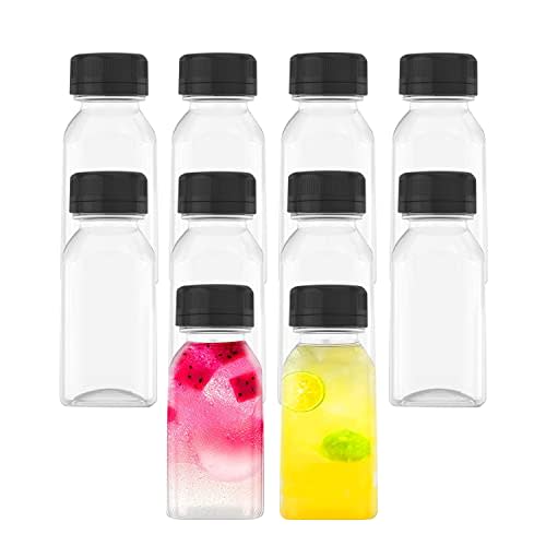 AQSXO 10 Pcs 4 OZ Plastic Juice Bottles, Reusable Bulk Beverage Containers, Comes Black lid, for Juice, Milk and Other Beverages.