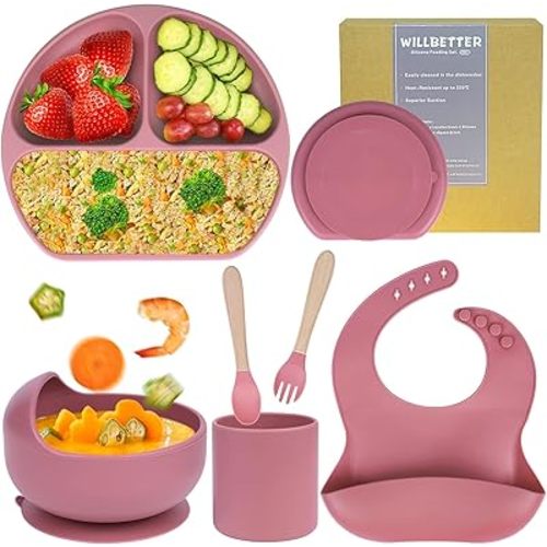 Silicone Baby Feeding Set|6 pcs Premium BPA-Free Baby Led Weaning Supplies with Suction Plates and Bowls Set,toddler self feeding Utensils with Spoons,Bibs,Cups|Baby feeding essentials for 6+ Months
