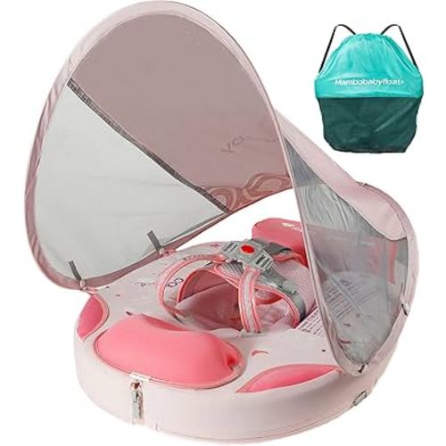 Mambobaby Float with Canopy & Portable Backpack Skin-friendly Baby Swim Float with Tail Waterproof Non-Inflatable Mambo Float Smart Swim Trainer Soft Solid Infant Pool Float 3-24 months Baby Swim Ring
