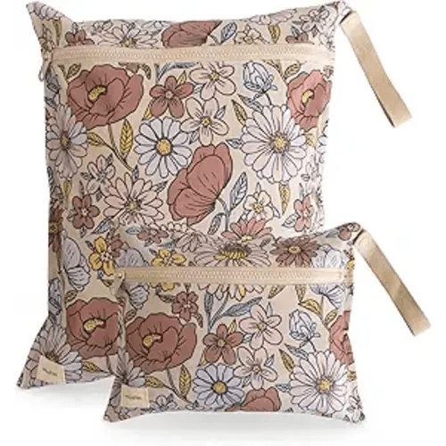 mushie Water Resistant Wet Bags | Large & Small Reusable Storage Bag for Baby Items and Travel | Zippered Pockets with Handle | Machine Washable, Set of 2 (Retro Flowers)