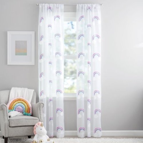 Your Zone Embroidered Rainbow Rod Pocket Sheer Curtain Panel, White/Multi, 38"W x 84"L