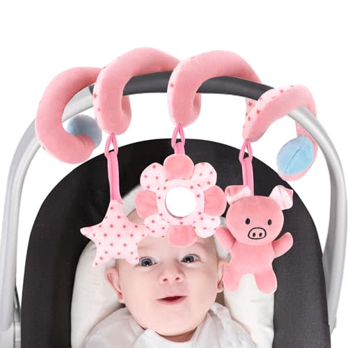 vocheer Car Seat Toys for Babies 0-6 Months Hanging Rattle Bouncer Toys for Crib Mobile, Infant Spiral Plush Stroller Toy, Girls Pink Pig