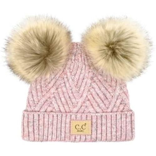 C.C Kids' Babies' Soft Stretch Cable Knit Faux Fur Pom Pom Beanie Hat
