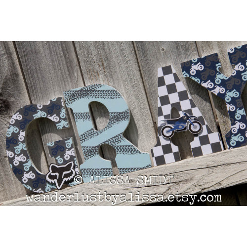 Dirtbike Letters, Baby Nursery - Custom Nursery Wooden Letters, 9 inch size (blue, light blue, grey, gray, navy, dirt bike, motocross)