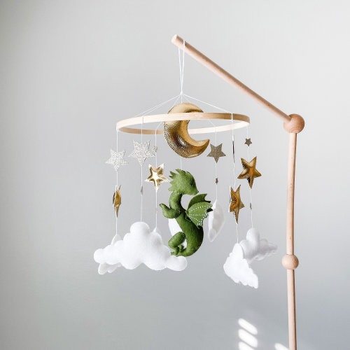 Dragon baby mobile, Space nursery decor, Golden stars and moon crib mobile, New baby gift, Gender neutral nursery decor
