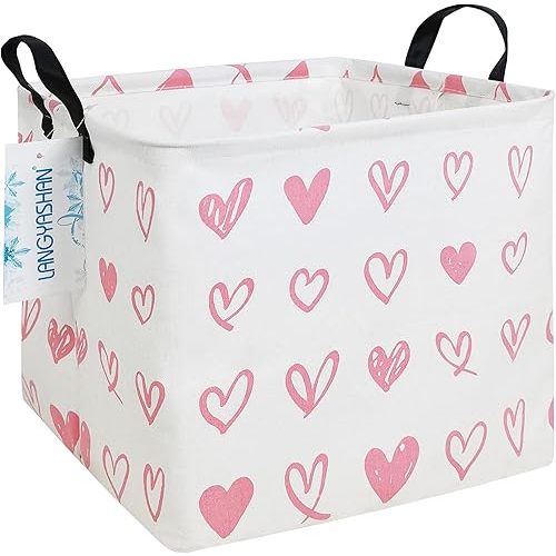 LANGYASHAN Square Storage Baskets Waterproof Canvas Children Laundry Nursery Hamper for Shelves Gift Baskets Toy Organizer Room Decor (Square Pink Heart)
