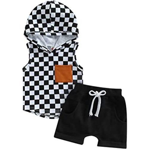 Toddler Baby Boy Summer Clothes Checkerboard Plaid Short Sleeve Hoodie Tops+Casual Shorts Set Cute Infant Outfit