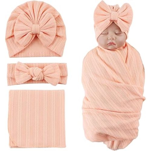 OMUKY Newborn Receiving Blanket Bow Headband and Beanie Set Baby Swaddle Receiving Blankets Baby Boy Girls Nursery Swaddle Wrap(Light Orange)