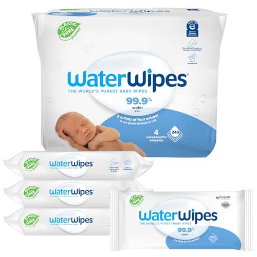 WaterWipes Plastic-Free Original Baby Wipes, 99.9% Water Based Wipes, Unscented & Hypoallergenic for Sensitive Skin, 240 Count (4 packs), Packaging May Vary