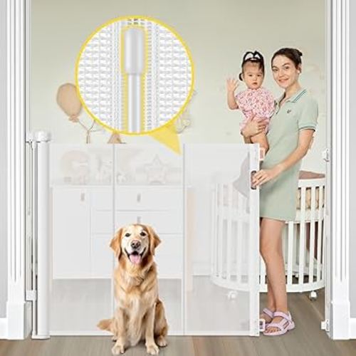 Reinforced 42” Extra Tall Retractable Dog Gate for Doorways 60” Wide Mesh Baby Gate, Tall Baby Gates for Dogs with Rods to Prevent Crawling Through Retractable Tall Pet Gate Indoor Outdoor, White