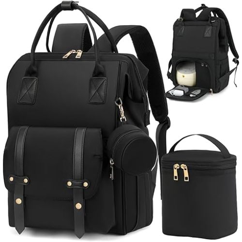 Breast Pump Bag Backpack with Cooler for Work Mom, Baby Diaper Bag with Pacifier Case, Trolley Sleeve for Travel, Baby Shower Gifts for Girl Boy, Black