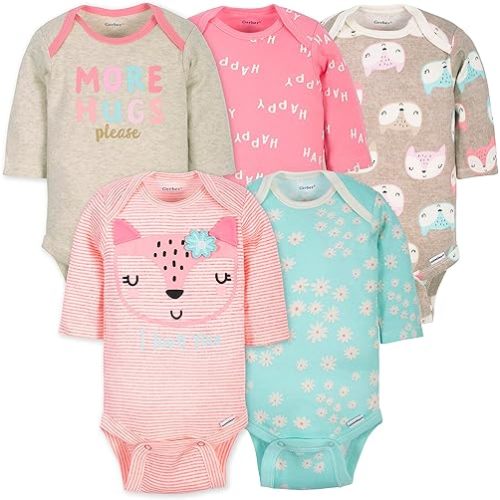 GERBER Baby Girls' 5-Pack Variety Long Sleeve Onesies Bodysuits (3-6 Months, Fox)