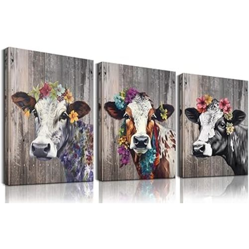 Mistyefly Cow Canvas Wall Art with Inner Wooden Frame - Cow Wall Decor Farmhouse Animal Wall Art for Home & Farmhouse - Lightweight & Easy to Hang, 12X16X3 Inches