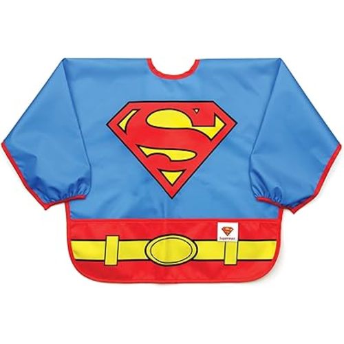 Bumkins Sleeved Bib for Girl or Boy, Baby and Toddler for 6-24 Mos, Essential Must Have for Eating, Feeding, Baby Led Weaning Supplies, Long Sleeve Mess Saving Food Catcher, Superman DC Comics