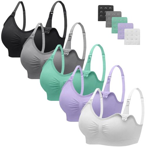 Angelhood Nursing Bra 5 Pack Womens Maternity Breastfeeding Seamless Wireless Sleep Bra with Extenders