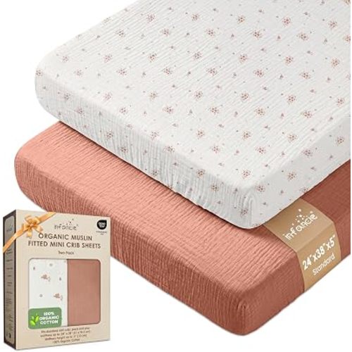 100% Organic Cotton 2 PK Baby Muslin Pack & Play Sheets 24x38in Mini Crib