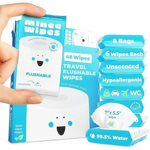 Impossibly Compact Travel Flushable Wipes - 99.5% Water and Aloe - Safe for Sensitive Skin, Hypoallergenic & Unscented - Travel Essentials for Adults, Kids & Baby Care - 8 Pack Total 48 Wipes