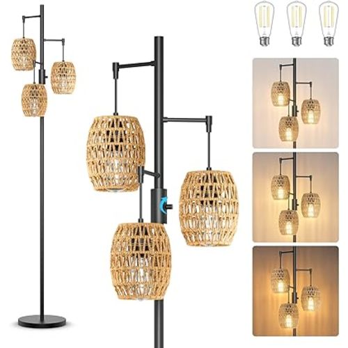 Boho Rattan Floor Lamp - Dimmable Floor Lamp 70 Inch with Shades, Coastal Floor Lamp 3 Light Bohemian Floor Lamps Standing Lamps for Living Room Bedroom Office
