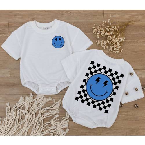 Smiley Face Blu Baby Romper, Happy Face Bodysuit, Checkered tshirt kid, Cute kids Outfit, Retro Shirt, Baby Shower Gift, Newborn Clothes