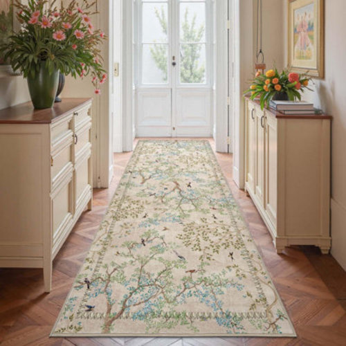 Bungalow Rose Floral Rug Botanical Birds Print Nature Plants Carpet Washable Non-slip | Wayfair