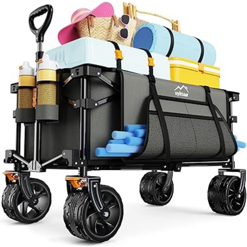Collapsible Wagon Cart Heavy Duty Foldable, Folding Beach Wagon with Big Wheels for Sand, Utility Grocery Cart with Side Pocket and Brakes for Camping Sports Outdoor Activities, Grey