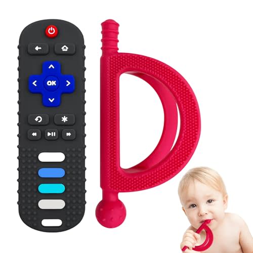 ROBBEAR 2 Pack Baby Teething Toys, Food Grade Silicone Teethers for Babies 18+ Months, TV Remote Shape Teething Toy and A New Type Grip Teether, Chew Toys for Boys and Girls, Freezer BPA Free