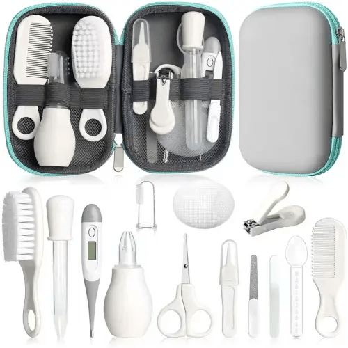 Baby Grooming Kit, Infant Safety Care Set with Hair Brush Comb Nail Clipper Nasal Aspirator,Baby Essentials Kit for Newborn Girls Boys (Grey White)
