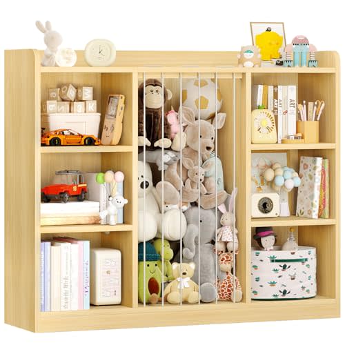Toddler Stuffed Animal Zoo, Toy Storage Organizer for Playroom, Plush Toy Organizers and Storage, Book Shelf for Kids Rooms, Elastic Band Child Bookcase, Toy Shelf with 8 Storage Cubbies (Maple Wood)