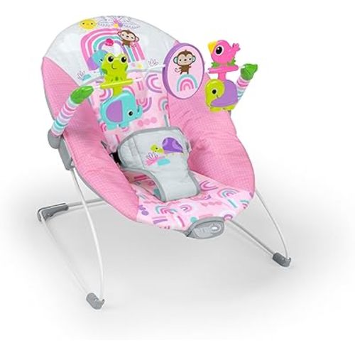 Bright Starts Pink Paradise Portable Baby Bouncer with Vibrating Infant Seat and -Toy Bar, Max Weight 20 lbs., Age 0-6 Months