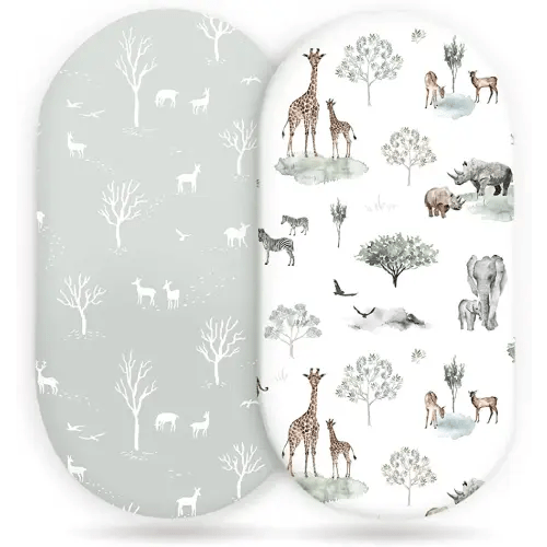 Stretch Ultra Soft Fitted Bassinet Sheet Set 2 Pack, Universal Fit for Bassinets Baby Cradle Moses Basket Oval Rectangle Mattress Safe and Snug, Pretty African Savannah Animals Pattern