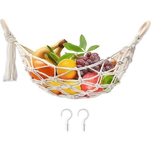 Hanging Fruit Hammock with Hooks, Hanging Fruit Basket Under the Kitchen Cabinet for Storing Banana Fruits, Hand-Woven Lace Hanging Basket for Kitchen Décor, Oval