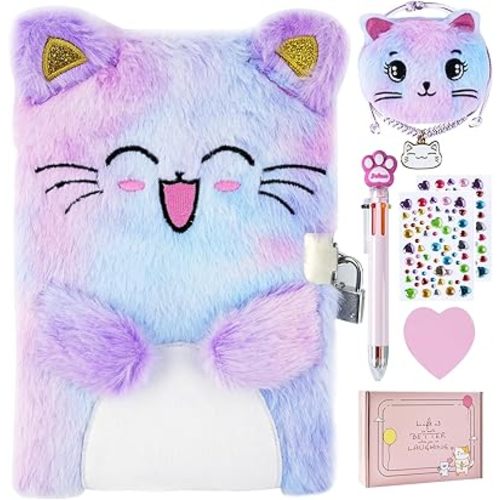 Cat Diary with Lock, Gift for 6 7 8 Year Old Girl, Secret Diary Journal Notebook with Coin Purse, Multicolored Pen, Post-it Note, Stickers, Practical Gift for Birthday (A Happy Cat)