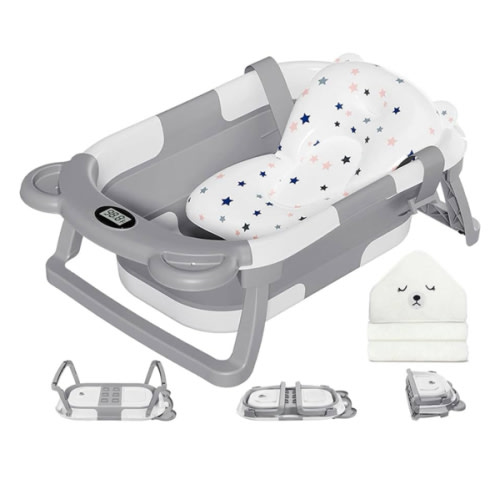 MoreFeel Collapsible Baby Bathtub for Newborn with Thermometer & 1 Hooded Towel & 1 Soft Floating Cushion,Portable Travel Bathtub with Drain Hole, Durable Foldable Baby Tubs for Infants to Toddler