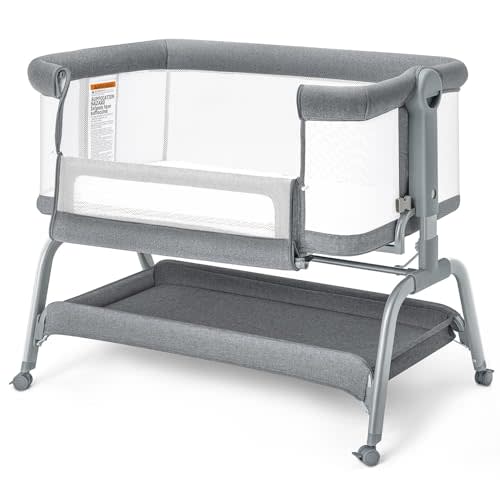 BabyBond Baby Bassinet, 3 in 1 Bassinet Bedside Sleeper with Washable Soft Mattress and Sheet, 6 Height Adjustable Bedside Crib, 4-Sided Mesh Bedside Bassinet for Baby