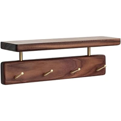 Shelf with Hooks, Solid Wood Bedroom Shelves for Wall, Wooden Coat Rack Wall Mount for Bathroom, Kitchen, Door Entryway (Walnut, 30cm/11.81inch)