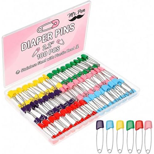 Mr. Pen- Diaper Pins, 2.2", 100 pcs, Stainless Steel, Plastic Head, Nappy Pins with Safe Locking Closures for Crafts, Colorful Laundry Pins