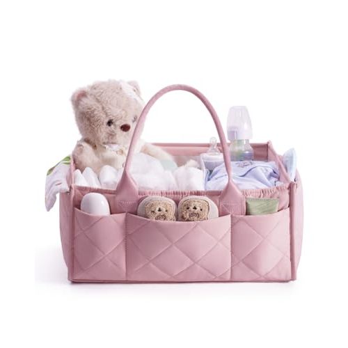 CEI-CEI Baby Diaper Caddy Organizer Large Nursery Storage Basket with Removable Dividers for Newborn Essentials,Changing Table and Car Organizer for Baby Diaper Storage,Baby Shower GiftsBaby Pink