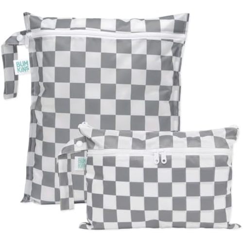 Bumkins Waterproof Wet Bag and Wet Dry Clutch Bags for Baby, Travel, Swim Suit, Cloth Diapers, Pump Parts, Pool, Gym Clothes, Toiletry, Hook to Stroller, Daycare, Packing Pouch, 2-pk Gray Check