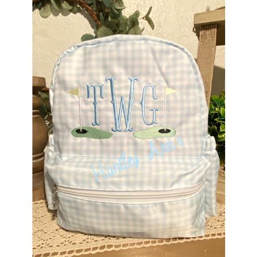Boy Gingham Backpack Blue Toddler Size Nylon bookbag. Small Golf Monogrammed preschool bag. Personalized Diaper Bag. Baby Shower gift