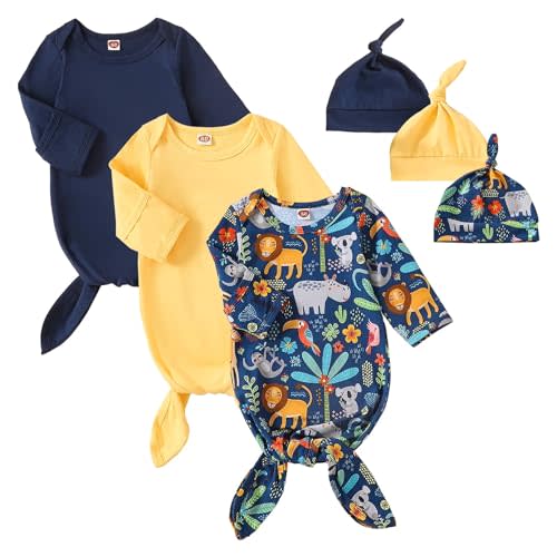 OPAWO Newborn Baby Knotted Gowns with Mitten Cuffs and Hat Baby Sleeper Gowns Coming Home Outfit for Baby Boy Girl 0-6 Months
