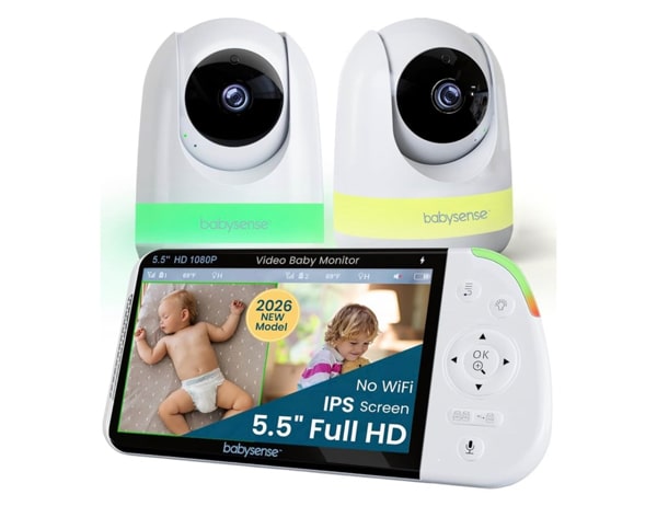 Amazon.com: Babysense PRO Full HD 5.5" Split Screen Baby Monitor with 2 Cameras, 6-Color Night Light, White Noise, Sound & Light Machine, 20-Hour Battery, Hack-Proof Non-WiFi Secure Connection