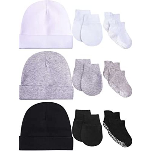 Baby Hats Mittens and Socks Set Unisex Cotton Beanie Cap and Scratch Mitten Non-Slip Baby Ankle Socks for Boys and Girls