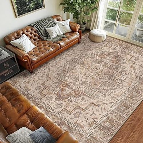 8x10 Area Rug Boho Machine Washable Living Room Rug Non Slip Low Pile Vintage Print Distressed Soft Carpet for Bedroom Diningroom Neutral Brown/Beige/Pink/Green