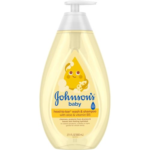 Johnson's Baby Head-To-Toe Baby Wash & Shampoo + Aloe & Vitamin B5, 2-in-1 Bath Wash Gently Cleanses Newborn's Delicate Skin & Hair, Hypoallergenic, No Added Parabens, Dyes & Sulfates, 27.1 fl. oz