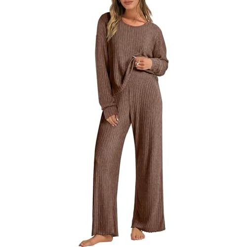 ANRABESS Women 2 Piece Lounge Pajamas Sets Casual Ribbed Knit Long Sleeve Top Pants Matching Set 2025 Fall Outfits Clothes