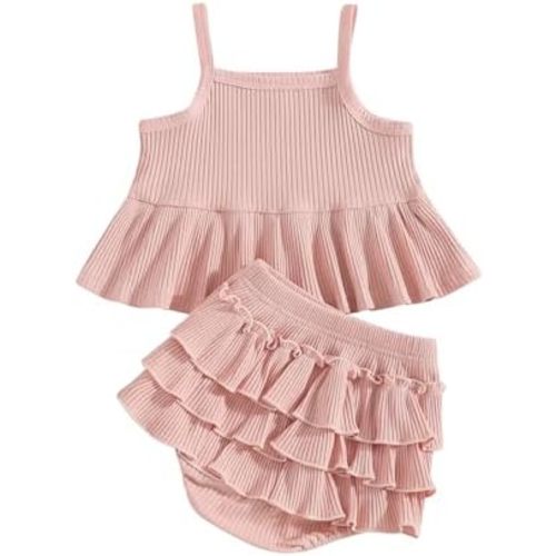 Hnyenmcko Toddler Infant Baby Girls Summer Clothes Solid Ruffle Sleeveless Halter Crop Tops Bloomers Shorts Set Cute Outfits